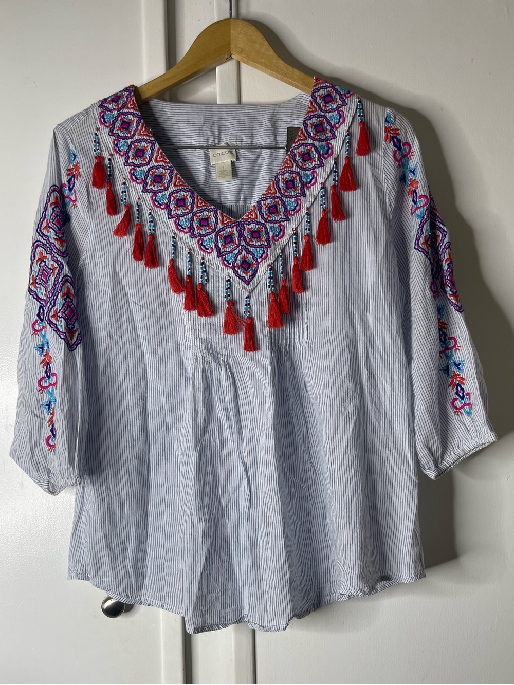 Chico's Pinstripe Tassel Trim Top Embroidered Southwestern Blue Size 1 US 8 $99
